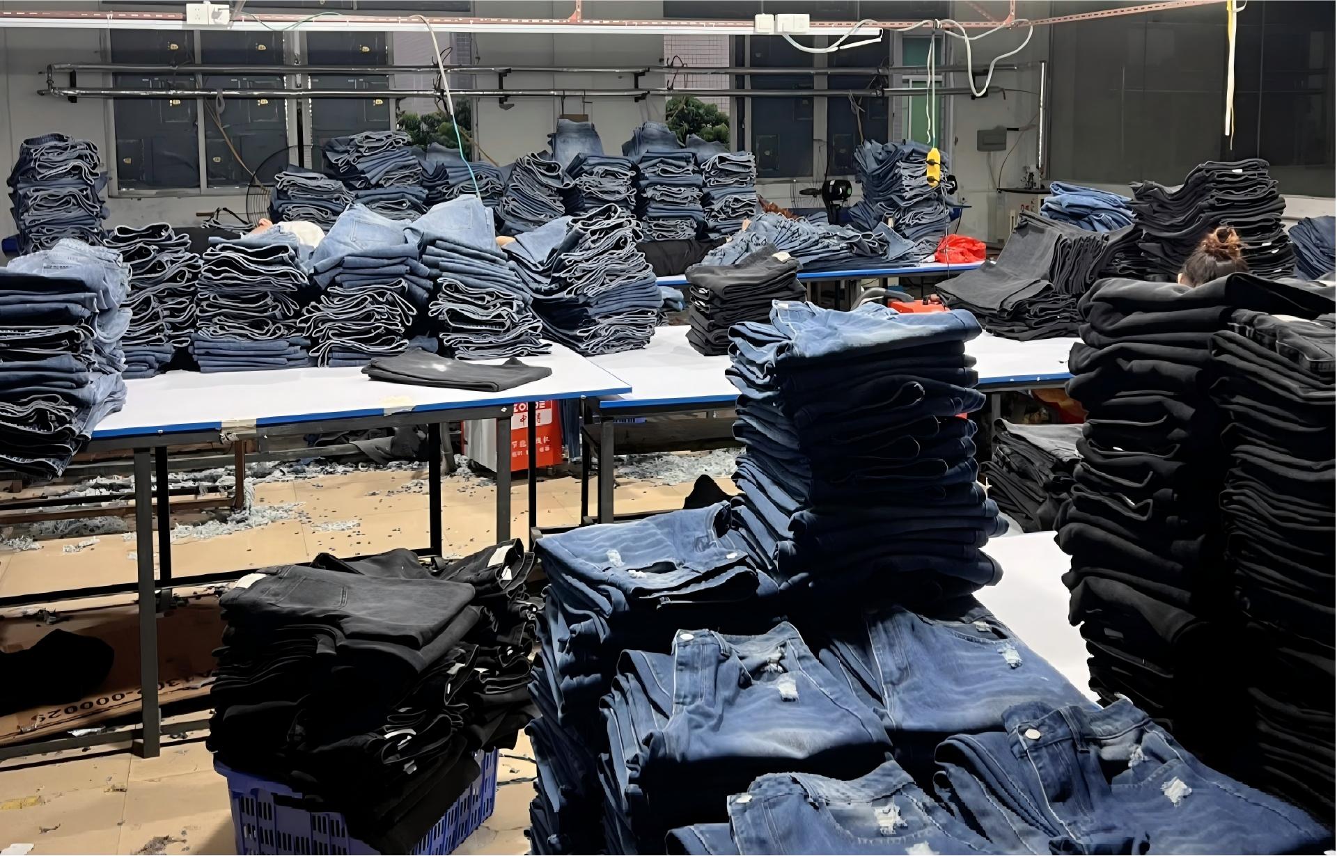 Various jeans in a denim factory